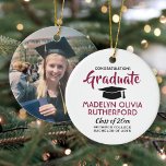 Photo Graduation Congrats Red Black and White Ceramic Ornament<br><div class="desc">Commemorate the graduate's achievement with a custom photo red, black and white round graduation Christmas ornament. Picture and all text are simple to customize. Include school name and degree, congratulations, thanks mom and dad, or other message of your choice.TO CHANGE BACKGROUND OR TEXT COLORS, SEE INSTRUCTIONS BELOW. Design features a...</div>