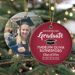 Photo Graduation Congrats Red White and Black Ceramic Ornament<br><div class="desc">Commemorate the graduate's achievement with a custom photo red, black and white round graduation Christmas ornament. Picture and all text are simple to customize. Include school name and degree, congratulations, thanks mom and dad, or other message of your choice.TO CHANGE BACKGROUND OR TEXT COLORS, SEE INSTRUCTIONS BELOW. Design features a...</div>