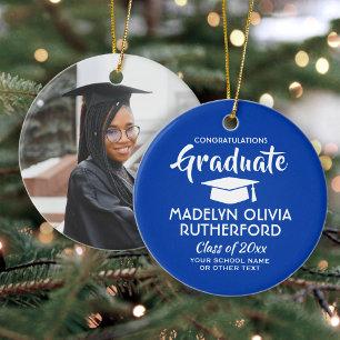 Photo Graduation Congrats Royal Blue and White Ceramic Ornament