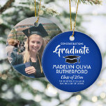 Photo Graduation Congrats Royal Blue White Black Ceramic Ornament<br><div class="desc">Commemorate the graduate's achievement with a custom photo royal blue and white round graduation Christmas ornament. Picture and all text are simple to customize. Include school name and degree, congratulations, thanks mom and dad, or other message of your choice.TO CHANGE BACKGROUND OR TEXT COLORS, SEE INSTRUCTIONS BELOW. Design features a...</div>