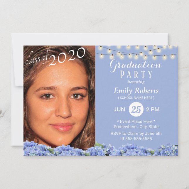 Photo Graduation Elegant Blue Hydrangea Floral Invitation (Front)