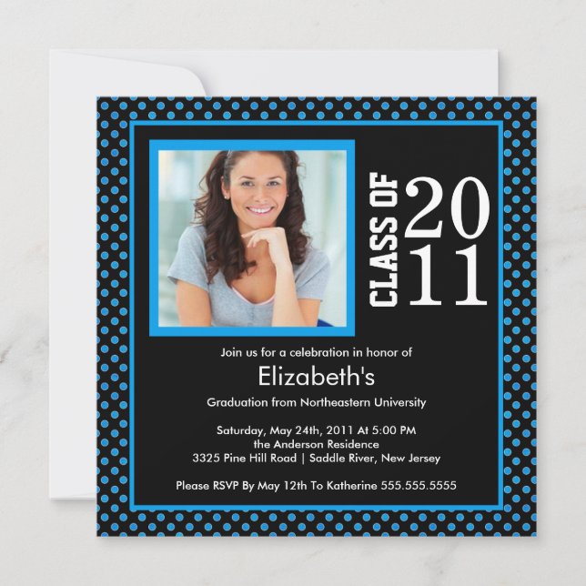 Photo Graduation Invitation Blue Black Polka Dots (Front)