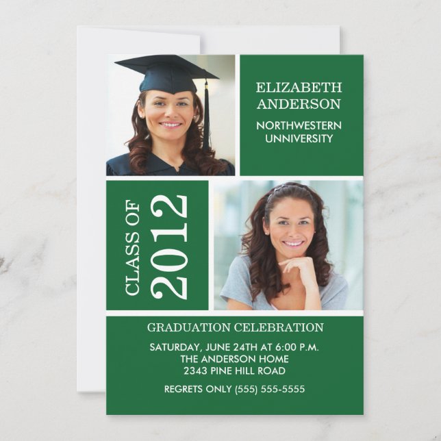 Photo Graduation Invitation ~Classy Green & White (Front)