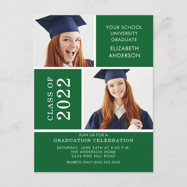 Photo Graduation Invitation ~Classy Green & White Postcard (Front)