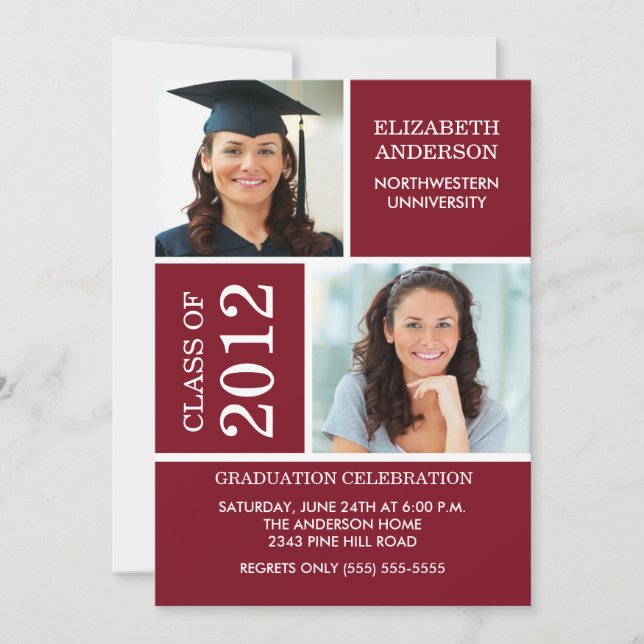 Photo Graduation Invitation ~Classy Maroon & White (Front)