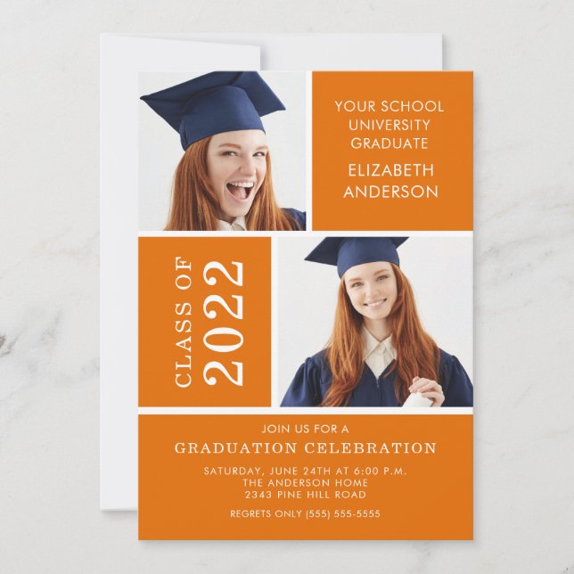 Photo Graduation Invitation ~Classy Orange & White (Front)
