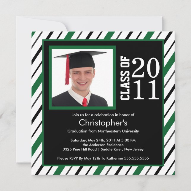 Photo Graduation Invitation Green Black Stripes (Front)