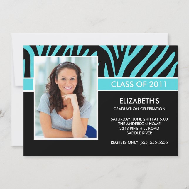 Photo Graduation Invitation Trendy Turquoise Zebra (Front)