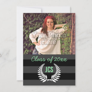 Photo Graduation Monogram Black Mint Green Preppy Invitation