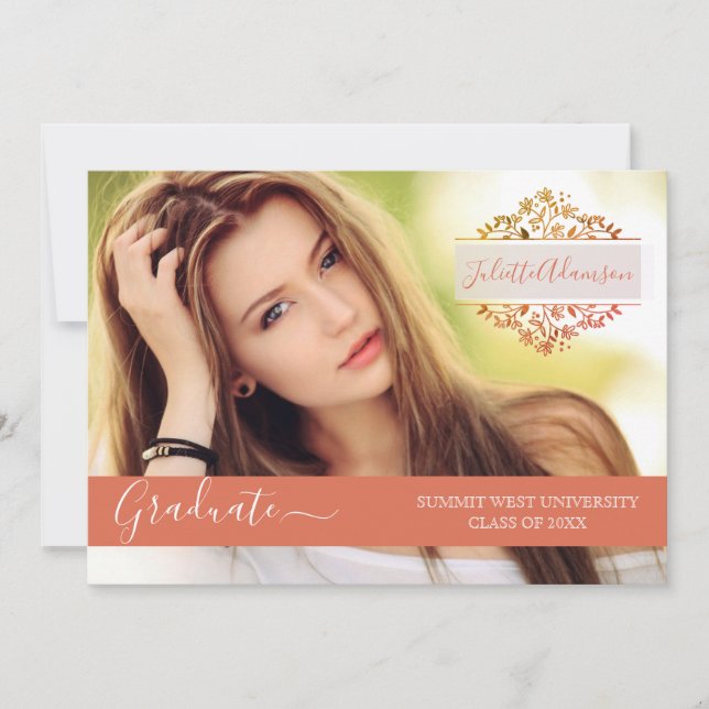 Photo Graduation Party Coral Floral Monogram Invitation (Front)