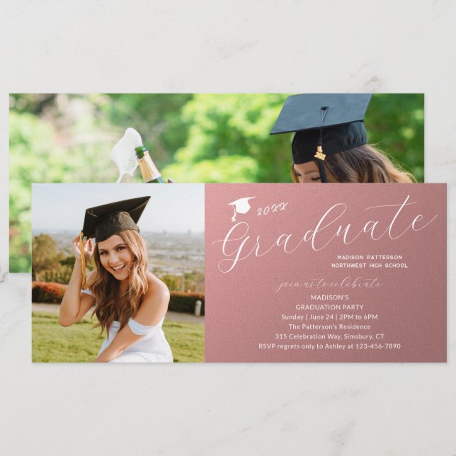 Photo Graduation Party Elegant Modern Script Invitation (Front/Back)
