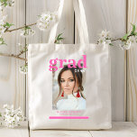 Photo Graduation Party Elegant Modern Script Tote<br><div class="desc">Photo Graduation Party Elegant Modern Script Tote Bag feature your favourite photo with the simple pink text "Grad (year)" and your name and personalized graduation details on the front. Perfect for the grad as a graduation gift or graduation party decor. Created by ©2023 Evco Studio www.zazzle.com/store/evcostudio</div>