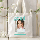 Photo Graduation Party Elegant Modern Script Tote Bag<br><div class="desc">Photo Graduation Party Elegant Modern Script Tote Bag feature your favourite photo with the simple turquoise text "Grad (year)" and your name and personalized graduation details on the front. Perfect for the grad as a graduation gift or graduation party decor. Created by ©2023 Evco Studio www.zazzle.com/store/evcostudio</div>