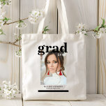 Photo Graduation Party Elegant Modern Script Tote Bag<br><div class="desc">Photo Graduation Party Elegant Modern Script Tote Bag feature your favourite photo with the simple black text "Grad (year)" and your name and personalized graduation details on the front. Perfect for the grad as a graduation gift or graduation party decor. Created by ©2023 Evco Studio www.zazzle.com/store/evcostudio</div>