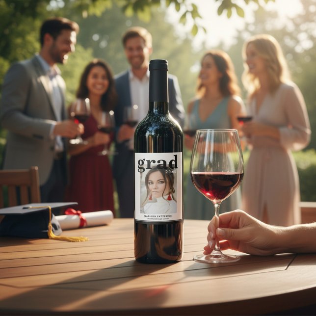 Photo Graduation Party Elegant Modern Script Wine Label (Creator Uploaded)