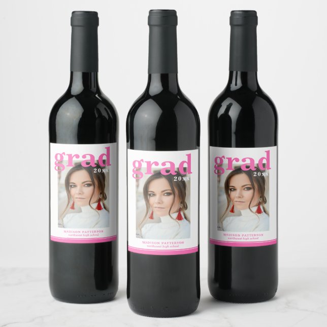 Photo Graduation Party Elegant Modern Script Wine Wine Label (Bottles)