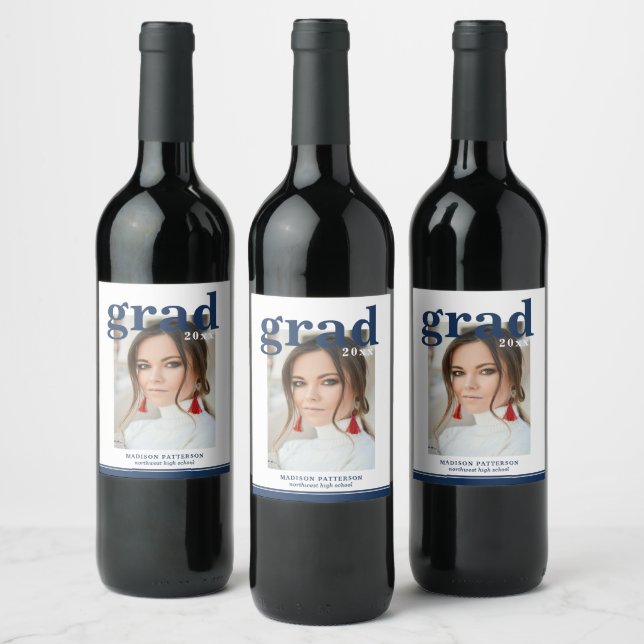 Photo Graduation Party Elegant Modern Script Wine Wine Label (Bottles)
