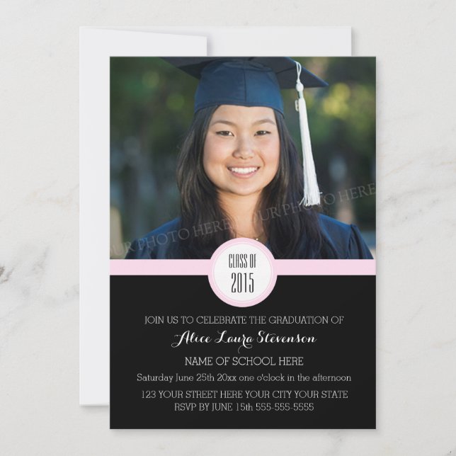 Photo Graduation Party Invitation Black Pink (Front)