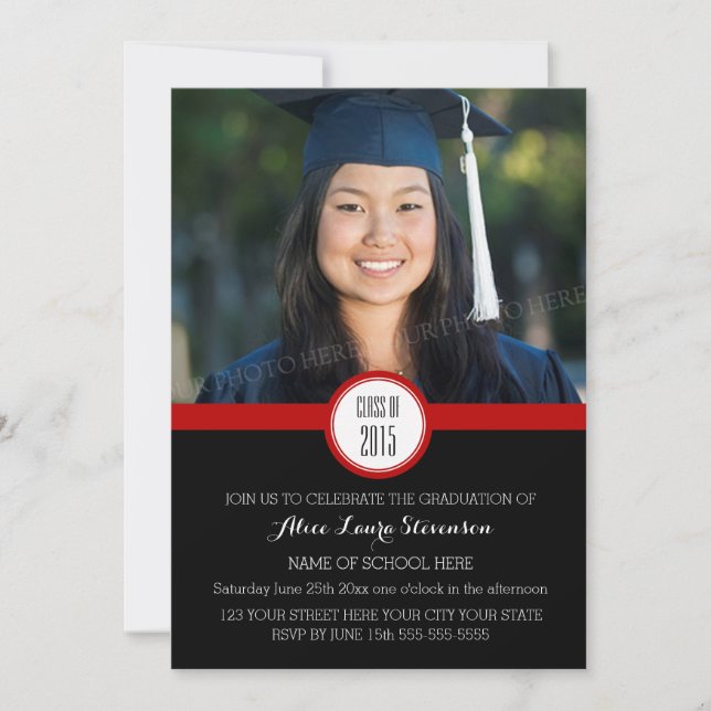 Photo Graduation Party Invitation Black Red (Front)