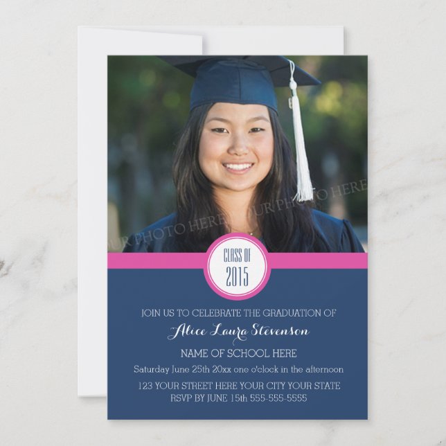 Photo Graduation Party Invitation Blue Pink (Front)