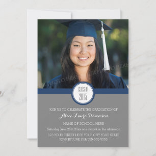 Photo Graduation Party Invitation Grey Navy Blue