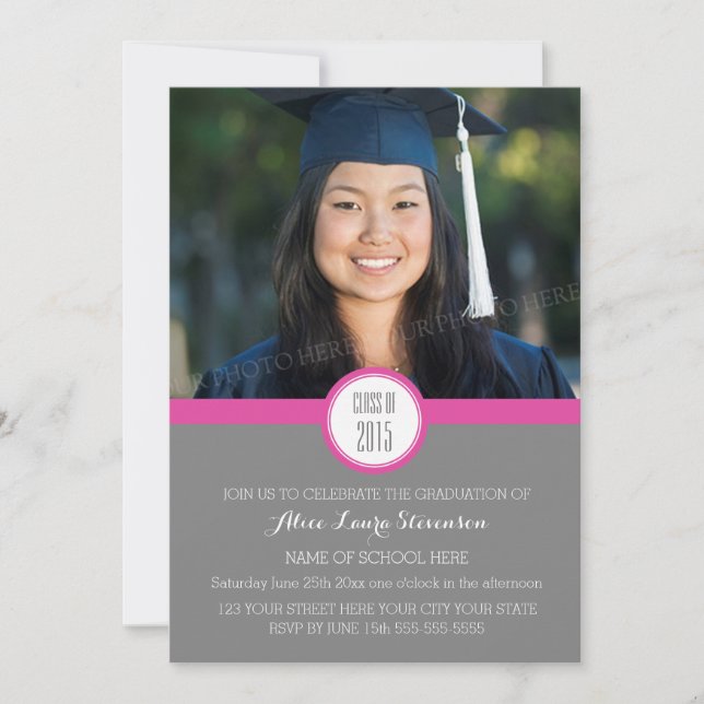 Photo Graduation Party Invitation Grey Pink (Front)