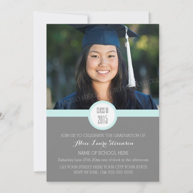Photo Graduation Party Invitation Grey Sky Blue (Front)