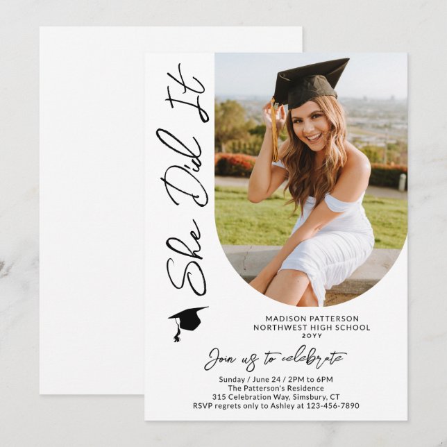 Photo Graduation Party Modern Elegant Script Invitation (Front/Back)
