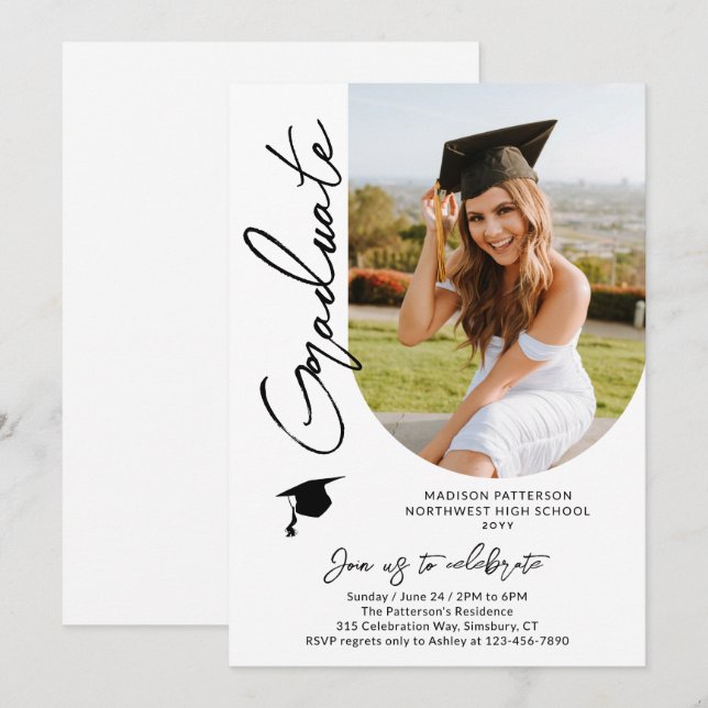 Photo Graduation Party Modern Elegant Script Invitation (Front/Back)