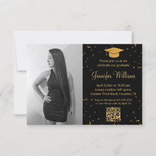 photo graduation party qr code confetti black gold invitation