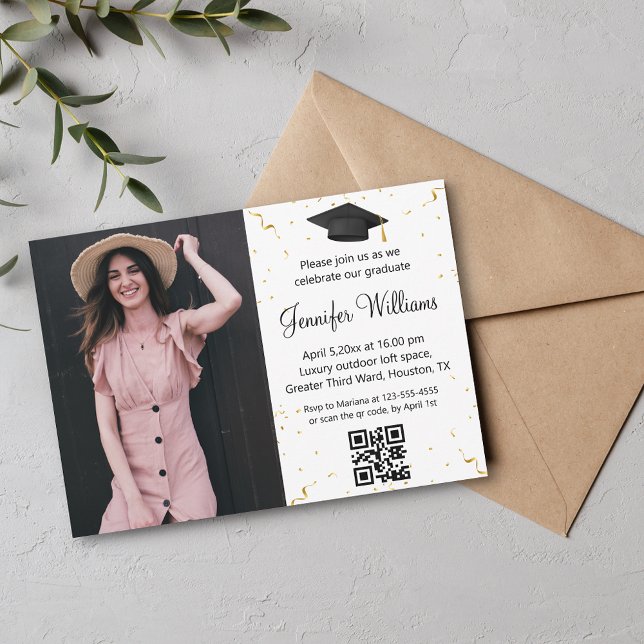  photo graduation party qr code rsvp confetti invitation (Creator Uploaded)