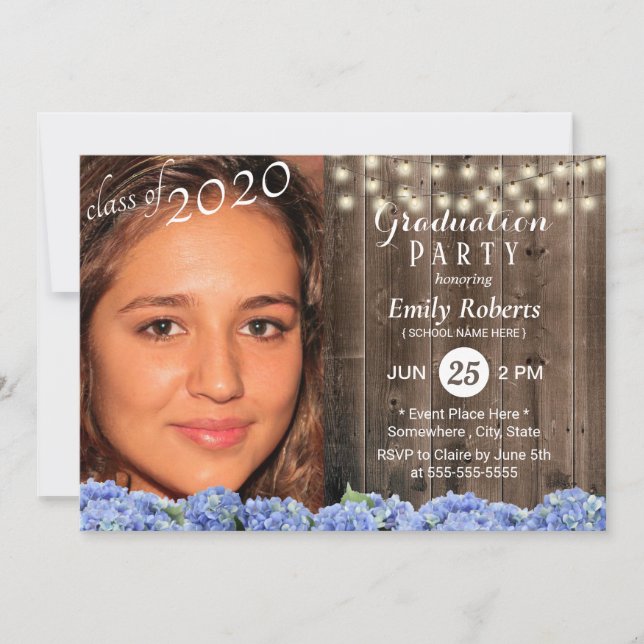 Photo Graduation Rustic Wood Hydrangea Floral Invitation (Front)
