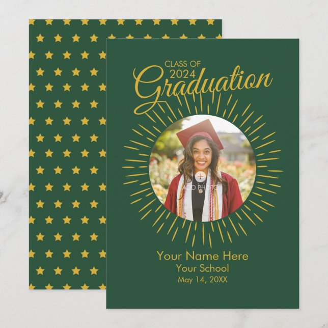 Photo Graduation Star Announcement (Green & Gold) (Front/Back)