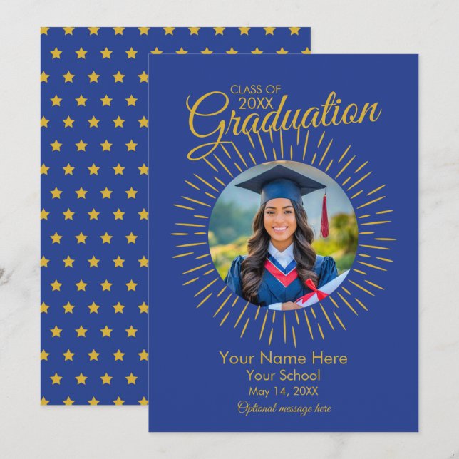 Photo Graduation Star Faire-part (bleu et or) (Devant / Derrière)