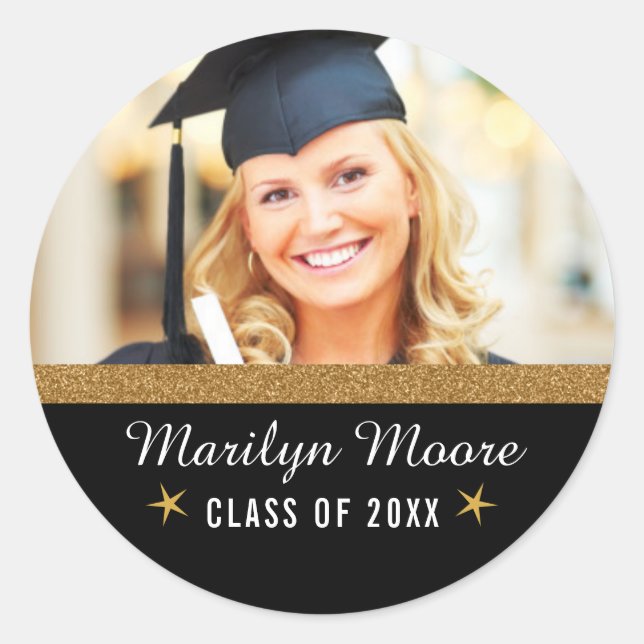 Photo Graduation Sticker Gold Glitter Band Round  (Front)