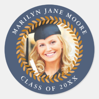 Photo Graduation Sticker Laurel Wreath Navy Round 
