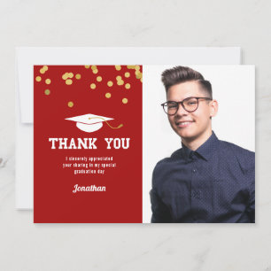 Photo Graduation Thank You Red Gold Confetti Card
