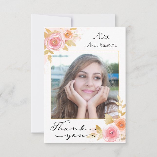 Photo Graduation Thank You with Watercolor Flowers (Front)