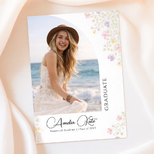 Photo Graduation Wildflower Pink Bow Announcement Postcard
