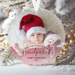 Photo Grandparents First Christmas Black Script Ornament<br><div class="desc">Help them celebrate their first grandchild with this beautiful modern keepsake ornament. The off-black text reads "Our first Christmas as grandparents, " with the word "grandparents" in elegant handwriting script with flourishes before and after. Easily replace the sample image with your favourite photo of the new baby, and add his...</div>