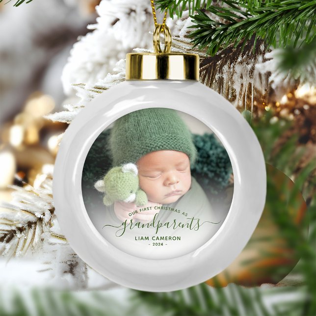 Photo Grandparents First Christmas Green Script Ceramic Ball Christmas Ornament (Creator Uploaded)