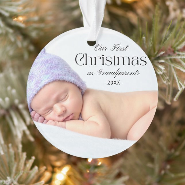 Photo Grandparents First Christmas White Script  Ornament (Tree)