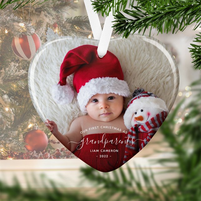Photo Grandparents First Christmas White Script Ornament (Creator Uploaded)