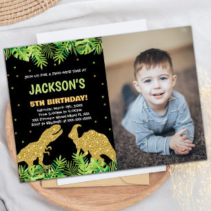 Photo Green Black Glitter Dinosaur Birthday Invitation