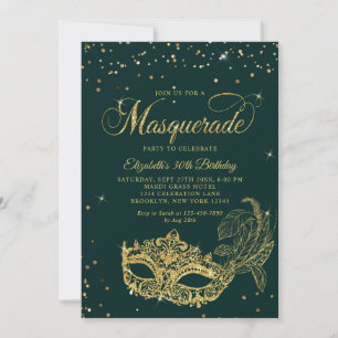 Photo Green Gold Glitter Masquerade Birthday Invitation