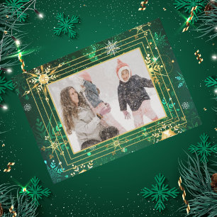 Photo Green Gold Snowflake Xmas Christmas Holiday  Card