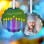 Photo Green Hanukkah Menorah Candles Modern Boho Ornament Card<br><div class="desc">“Happy Hanukkah.” A playful, modern, artsy illustration of boho pattern candles and handwritten calligraphy script help you usher in the holiday of Hanukkah in style. Assorted blue boho candles with colourful faux foil patterns overlay a rich, green textured background on the front. Your favourite photo adorns the back. Feel the...</div>