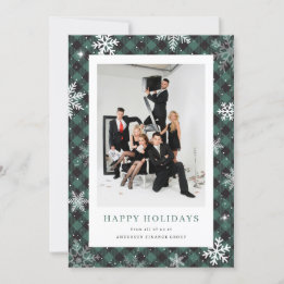 Photo Green Plaid Snowflake Corporate Business Holiday Card