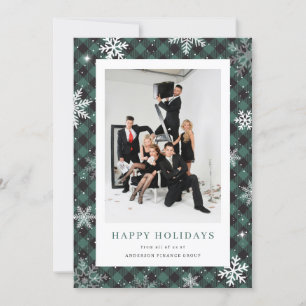 Photo Green Plaid Snowflake Corporate Business Holiday Card