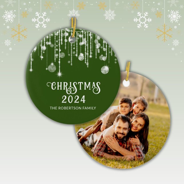 Photo Green String Lights Christmas Party Ceramic Ornament (Creator Uploaded)